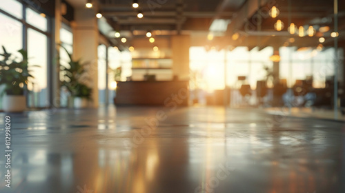 Wallpaper Mural Spacious empty business office with an open floor plan bathed in warm ambient light creating a serene softly blurred and inviting atmosphere Torontodigital.ca