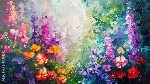 Vibrant oil painting showcasing a garden where every flower adds to the overall splendor of nature in a meticulous composition