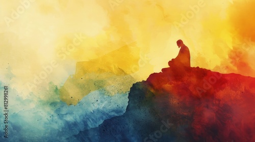 Watercolor silhouette of Jesus Christ praying on the mount, top view, capturing a moment of peace, scifi tone, Triadic color scheme photo