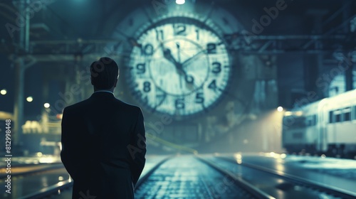 A man walking down a railroad track towards a giant clock in the distance. concept