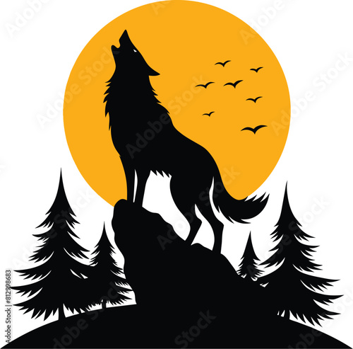Wolf howling at moon vector silhouette 