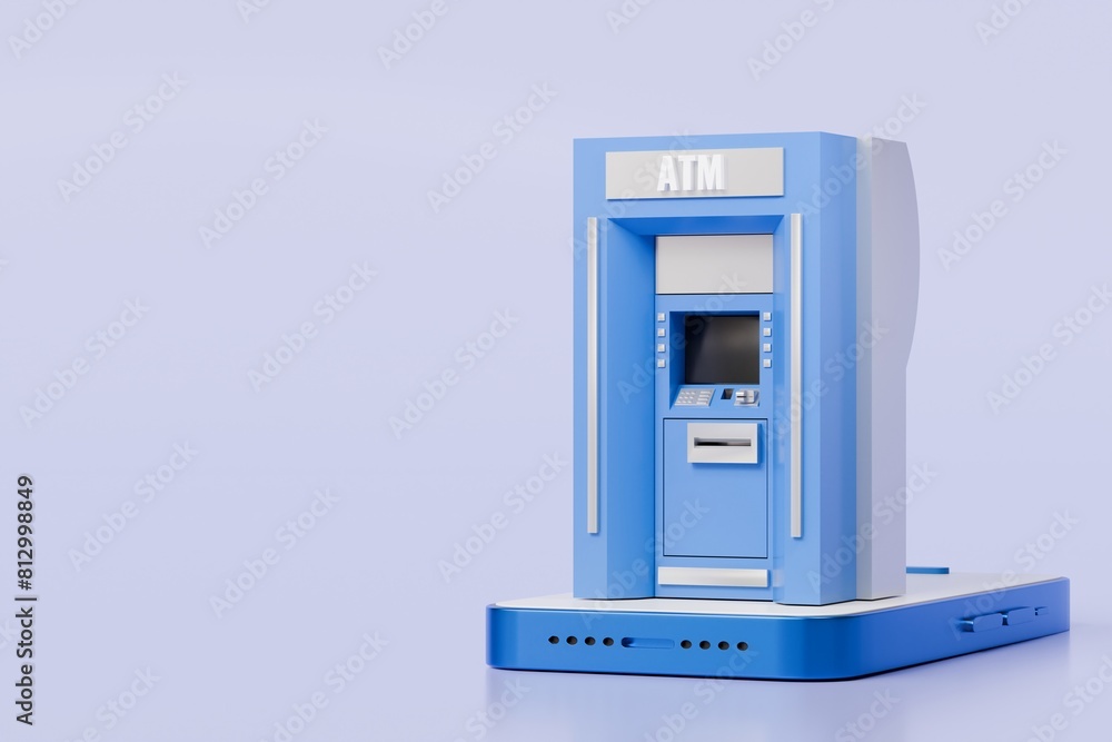 3d ATM Machine with mobile smartphone icon isolated on blue background. Money transfer account online, E-business finance money payment service concept. Minimal 3d ATM money tranfer icon. 3d render.