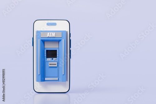 3d ATM Machine with mobile smartphone icon isolated on blue background. Money transfer account online, E-business finance money payment service concept. Minimal 3d ATM money tranfer icon. 3d render. photo