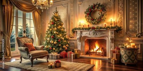 Luxury living room with Christmas tree and fireplace. AI generated.