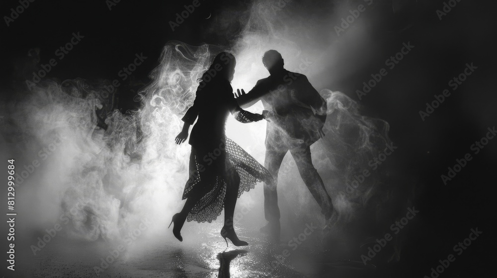 Fototapeta premium A couple dancing in the rain with a foggy atmosphere
