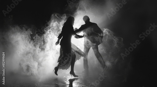 A couple dancing in the rain with a foggy atmosphere