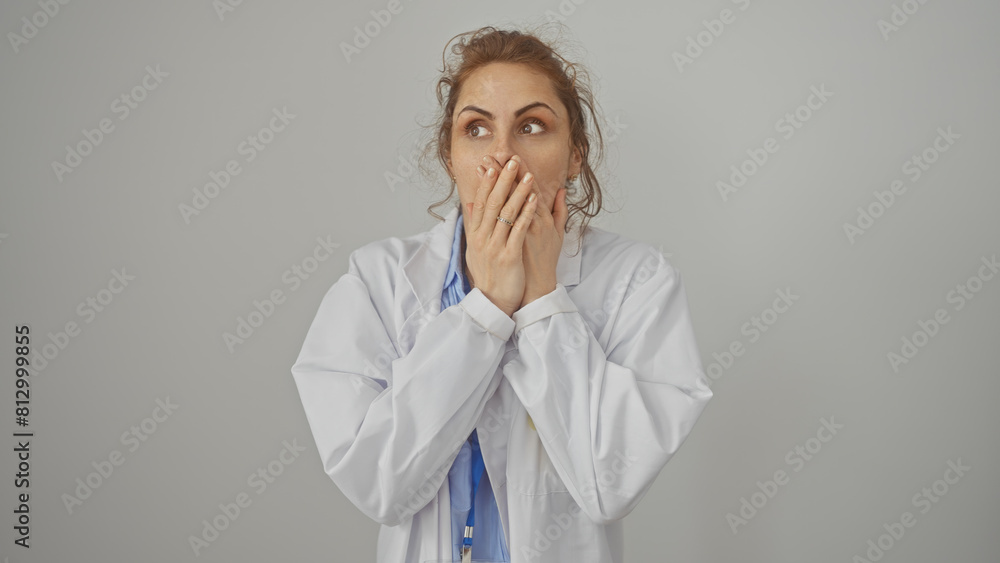Surprised caucasian woman in a white lab coat isolated on a white background, covering her mouth with her hands Surprised caucasian woman in a white lab coat isolated on a white background, covering her mouth with her hands