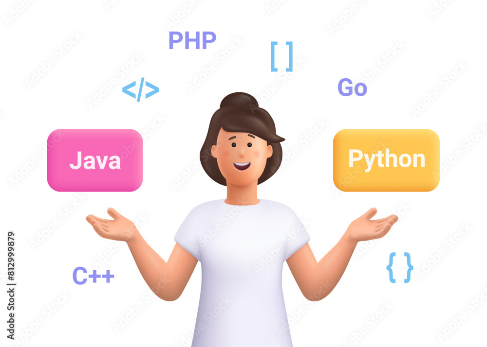 Smiling woman programmer or IT specialist choose programming language, scripts. Software development, programming and coding. 3d vector people character illustration. Cartoon minimal style. Smiling woman programmer or IT specialist choose programming language, scripts. Software development, programming and coding. 3d vector people character illustration. Cartoon minimal style.