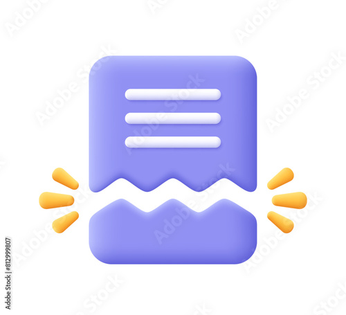 Torn document file or ripped paper sheet. Broken report, file error. 3d vector icon. Cartoon minimal style.