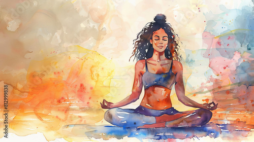 Beautiful watercolor painting of woman meditating. Concept of peacful mind and zen. photo