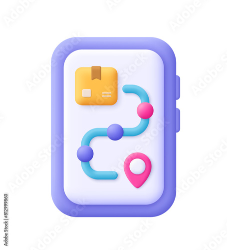 Smartphone with delivery logistic route path, package parcel box and navigation location pin. Delivery application. Online order tracking. 3d vector icon. Cartoon minimal style.