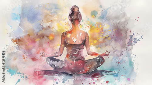 Beautiful watercolor painting of back view of woman meditating. Concept of peacful mind and zen. photo
