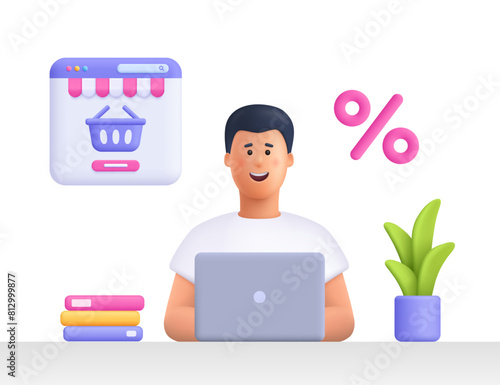 Smiling man buy on online store marketplace using laptop. Online shopping, home delivery, e-commerce, discount and sales concept. 3d vector people character illustration. Cartoon minimal style.