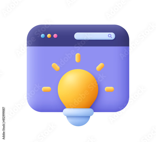 Web landing page or web banner with light bulb. Online learning and education, creative solutions, idea concept. 3d vector icon. Cartoon minimal style.