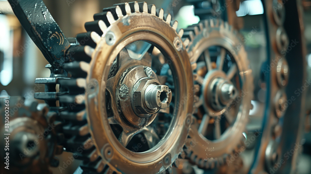 Close-up of machinery gears and cogs in intricate setup. Close-up of machinery gears and cogs in intricate setup.