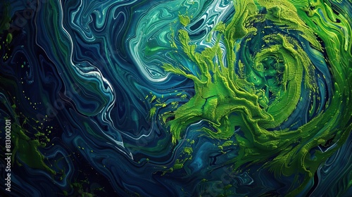 An abstract Earth Day background with swirling green patterns over a deep blue base