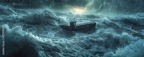 Ship in a stormy sea with dramatic lightning. photo