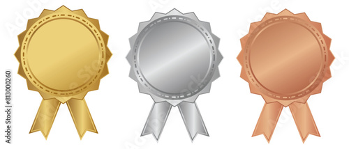 Badge, Award and medal design. Badge icon design. Best seller badge vector icon. Award, medal and Exclusive membership Badge design. Golden, silver, bronze medal with ribbon. Vector illustration. 