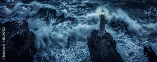 Lighthouse amidst turbulent sea waves at twilight.