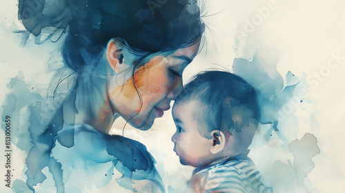 Portrait of mother and her baby. Concept of love between mom and her child. Minimal watercolor painting illustration.