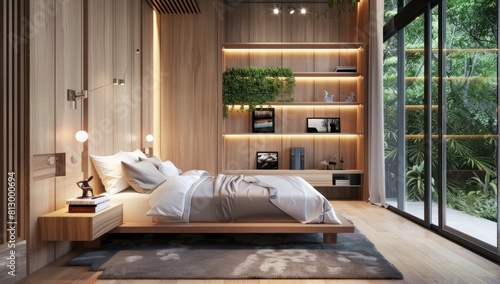 Farmhouse industrial style interior design of modern bedroom created using generative Ai tools. photo