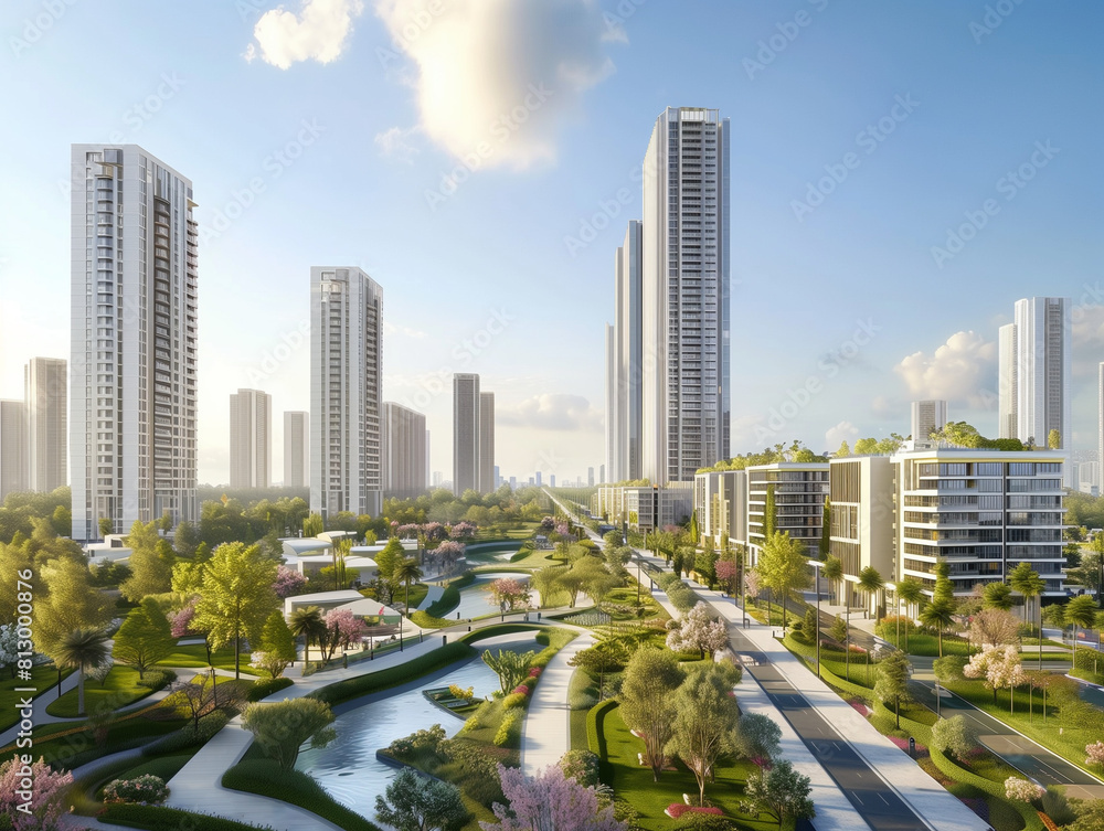 A visionary urban landscape featuring tall skyscrapers surrounded by lush green parks and reflective waterways. A visionary urban landscape featuring tall skyscrapers surrounded by lush green parks and reflective waterways.