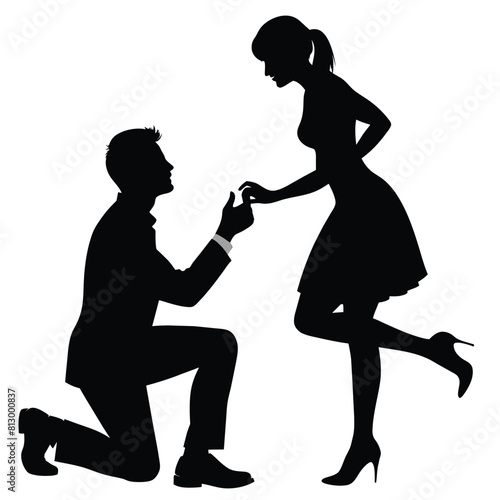 Boyfriend proposing to his girlfriend in a romantic moment by breaking his knee vector silhouette 