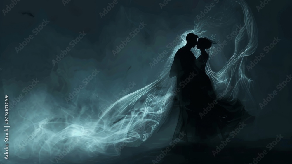 A couple is dancing in the air with smoke surrounding them A couple is dancing in the air with smoke surrounding them
