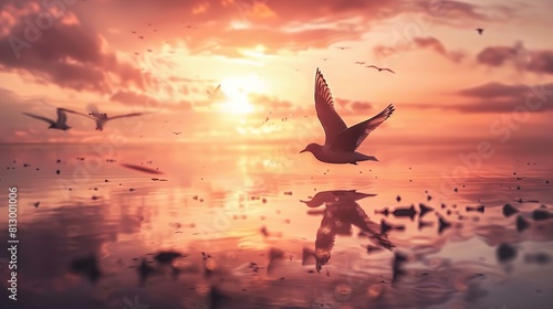 The image showcases a tranquil scene with multiple seagulls in flight above a calm, reflective water surface under a sunset sky. Vibrant shades of orange, pink, and yellow paint the clouds and the sun
