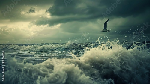 A seagull is flying over a tumultuous ocean. The sea is rough with dark, foamy waves that dominate the foreground. The sky is overcast with dark storm clouds gathering overhead. Drops of water are sus