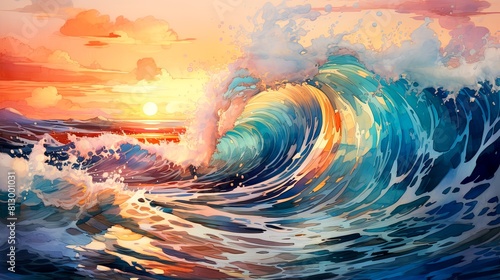 The image is a watercolor painting of a wave photo