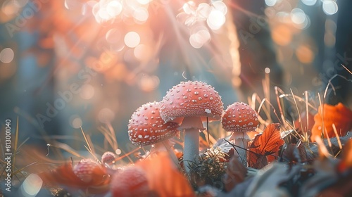 A close-up image that captures a cluster of red and white speckled mushrooms, commonly known as fly agaric or Amanita muscaria, in a natural setting. The mushrooms are in focus at the center, surround photo