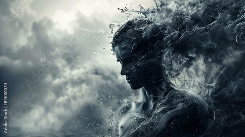 The image features a side profile of a person's face partially submerged in water. The water is transitioning into mist and smoke, mixing with the person's hair and skin, creating a surreal, ethereal 