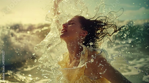 A woman with closed eyes is captured in the midst of a dynamic scene where water splashes around her, droplets suspended in the air, reflecting the sunlight. Her hair is sweeping back as if caught in 