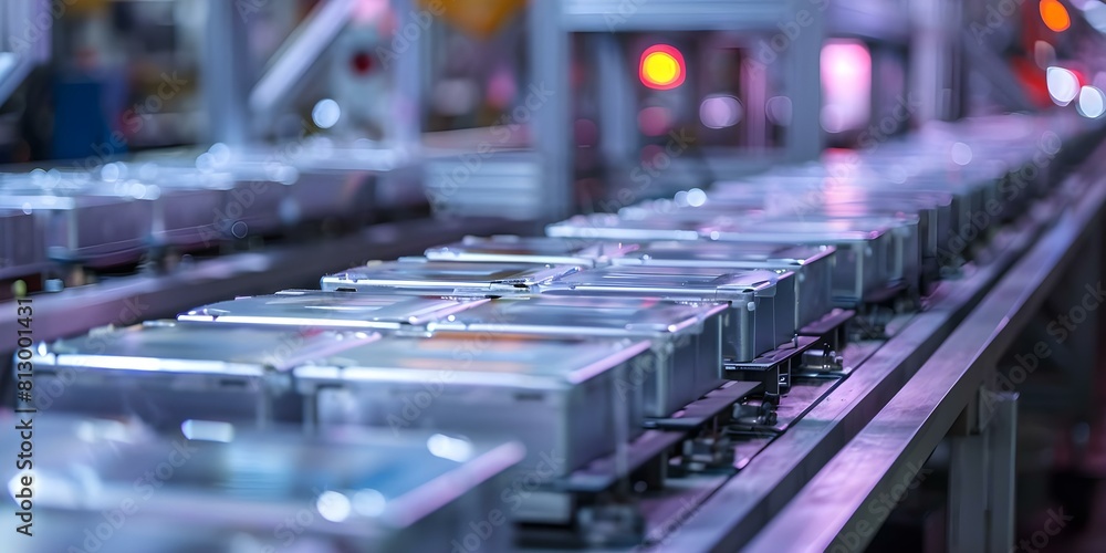 Closeup of battery cell assembly line in mass production. Concept Battery Production, Manufacturing Processes, Technology Innovation Closeup of battery cell assembly line in mass production. Concept Battery Production, Manufacturing Processes, Technology Innovation