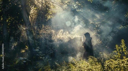 A figure cloaked in a dark robe stands amid a sun-dappled forest, with rays of sunlight filtering through the trees creating an ethereal atmosphere. The person is facing away from the camera and appea
