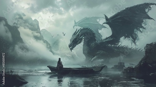 Fototapeta Naklejka Na Ścianę i Meble -  A person clad in dark clothing stands at the stern of a small, wooden rowboat floating in calm waters. They gaze at an immense, dark-scaled dragon with large wings and sharp spines, looming ahead in a