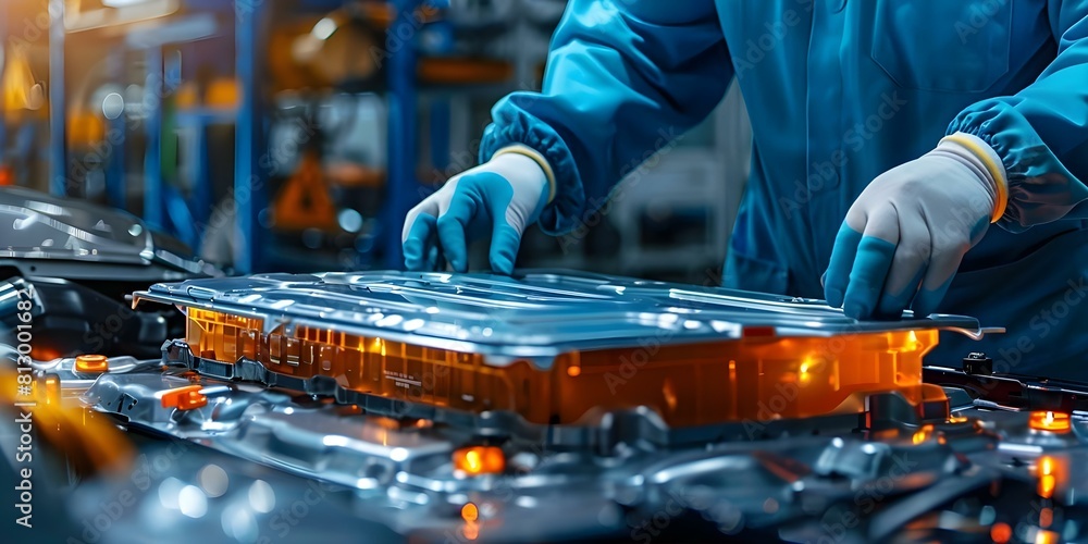 Hands in gloves of technician examining opened lithiumion EV car battery. Concept Electric Vehicle Technology, Lithium-ion Batteries, Technician's Equipment, Vehicle Maintenance, Automotive Industry Hands in gloves of technician examining opened lithiumion EV car battery. Concept Electric Vehicle Technology, Lithium-ion Batteries, Technician's Equipment, Vehicle Maintenance, Automotive Industry