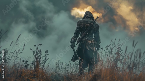 A person is standing in a field with tall grass, facing away from the camera. They are dressed in a dark, hooded cloak, reminiscent of medieval or fantasy attire, with texture suggesting a knitted or 