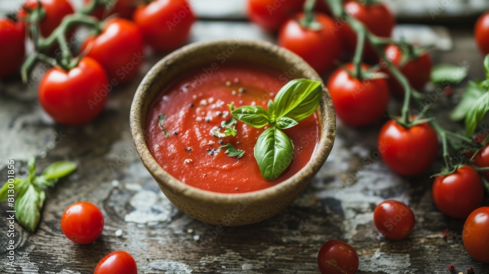Plates of tomato sauce accompanied by a scattering of cherry tomatoes on a rustic table Plates of tomato sauce accompanied by a scattering of cherry tomatoes on a rustic table