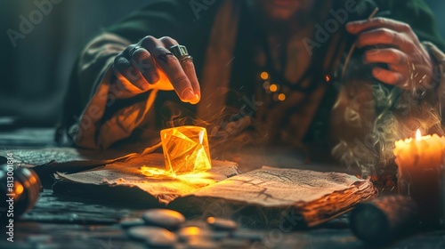 The image showcases a mystical and atmospheric scene where a person's hands are hovering above a luminous, glowing crystal placed on an ancient-looking parchment covered with symbols. The hands are ad