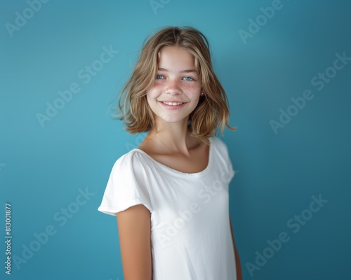 Cheerful Young Woman  Soft Blue Background. Generative AI.
