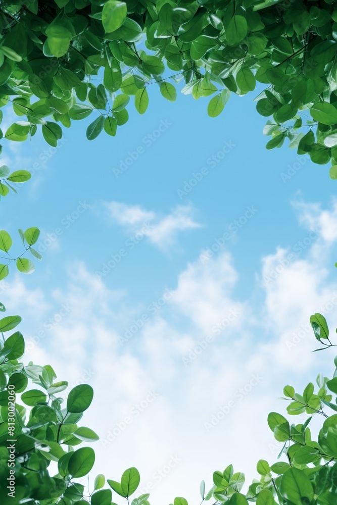 Blue sky and white clouds are framed with fresh green leaves in the shape of a heart. Blue sky and white clouds are framed with fresh green leaves in the shape of a heart.