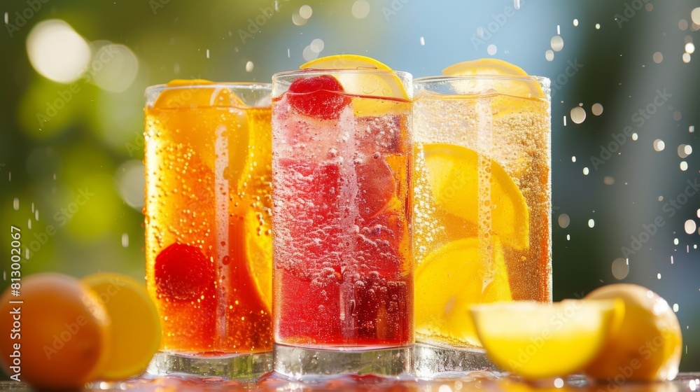 Cold carbonated drinks with ice, served in glasses Cold carbonated drinks with ice, served in glasses