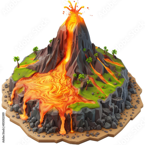Island with flowing hot lava mountain, 3d cartoon isometric, transparent background photo