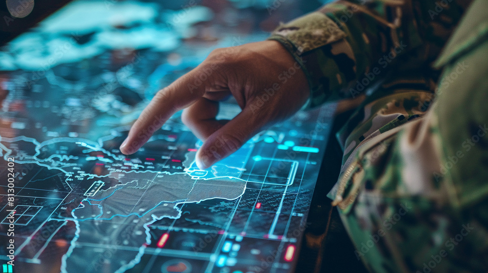 Close up of a soldiers hand pointing to a specific location on a digital map with strategic targets highlighted on surrounding screens Close up of a soldiers hand pointing to a specific location on a digital map with strategic targets highlighted on surrounding screens
