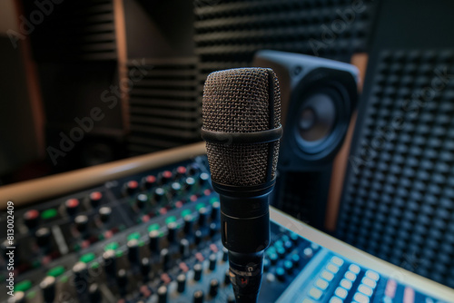 microphone on the stage, Step into the world of sound recording with this captivating visual featuring a microphone elegantly poised on digital recording equipment in a professional studio setting photo