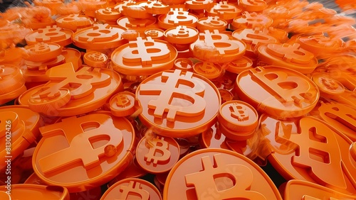 Exploración del universo digital: Bitcoin en una deslumbrante renderización 3D, símbolos naranjas crean un patrón dinámico, moderno y futurista. photo
