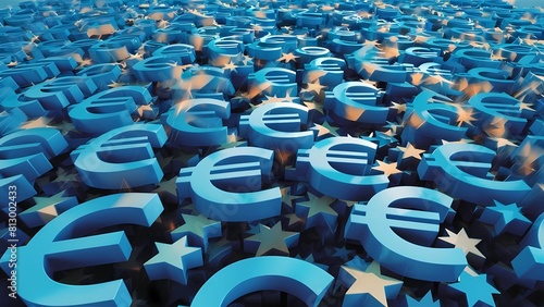 Una atractiva representación 3D que presenta una abundancia de símbolos de EURO € en azul, organizados de manera meticulosa para generar un diseño visualmente agradable y dinámico. photo