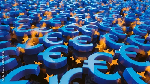 Una moderna y futurista ilustración 3D que muestra una disposición meticulosa de símbolos de EURO € azules, creando un patrón visualmente agradable con una atmósfera enérgica y emocionante photo